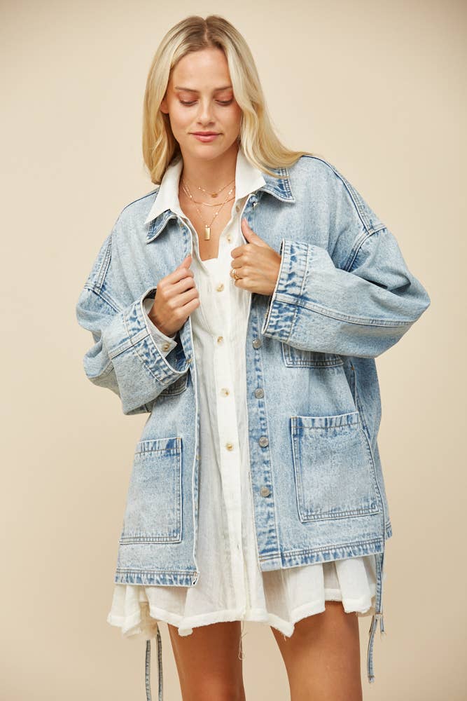 BOHO SIDE TIE DETAIL OVERSIZED DENIM JACKET 6439JIA