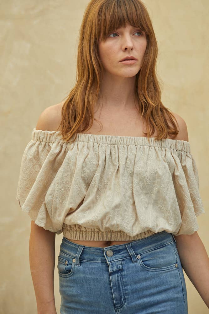 L6210 | Woven Cotton Embroidery Off The Shoulder Crop Top
