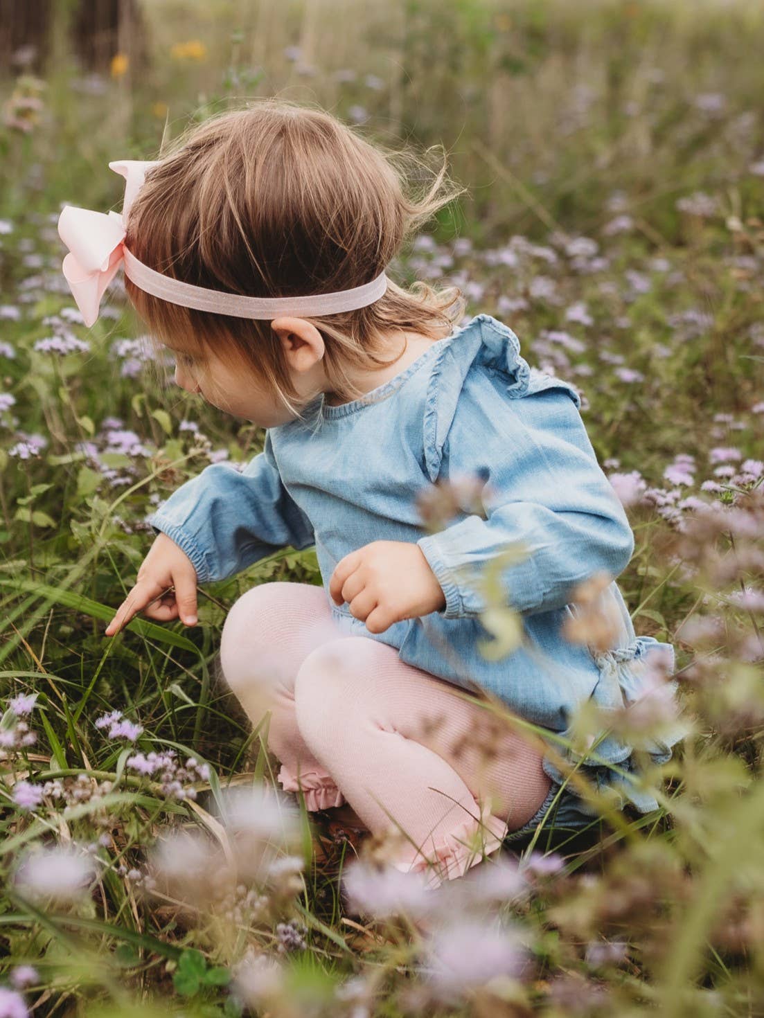 Baby Girls Light Wash Denim Long Sleeve Flutter Bubble Romper