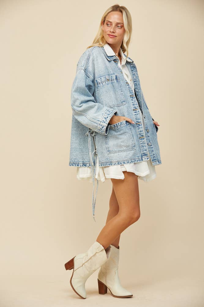 BOHO SIDE TIE DETAIL OVERSIZED DENIM JACKET 6439JIA