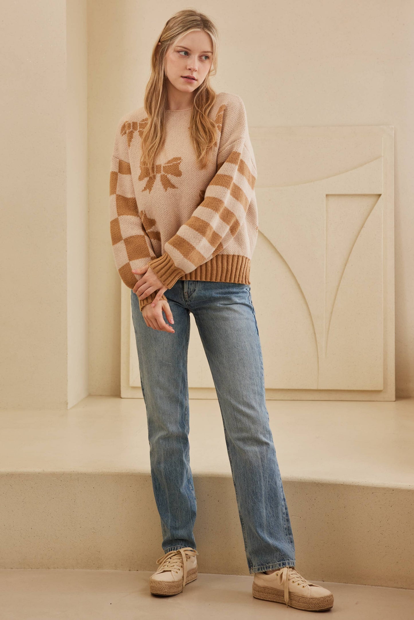 Ribbon Sweater with Stripe and checker Sleeves