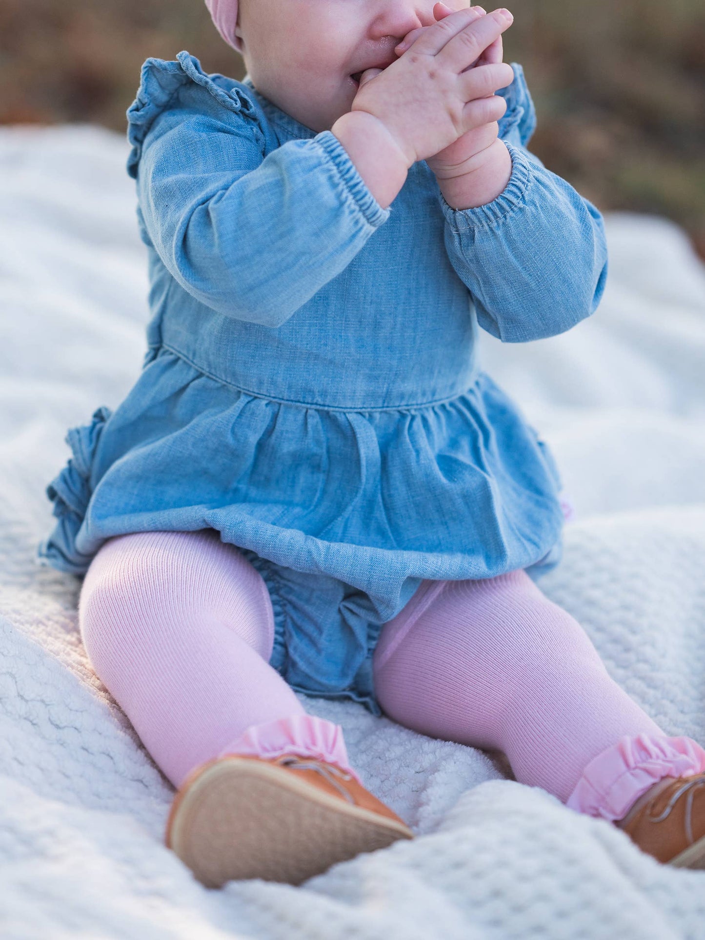 Baby Girls Light Wash Denim Long Sleeve Flutter Bubble Romper