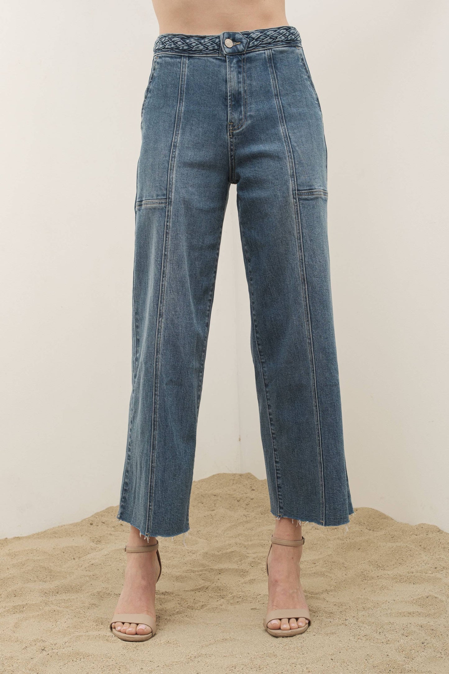 MAP2804 - BRAIDED WAIST WIDE LEGS CROP JEANS