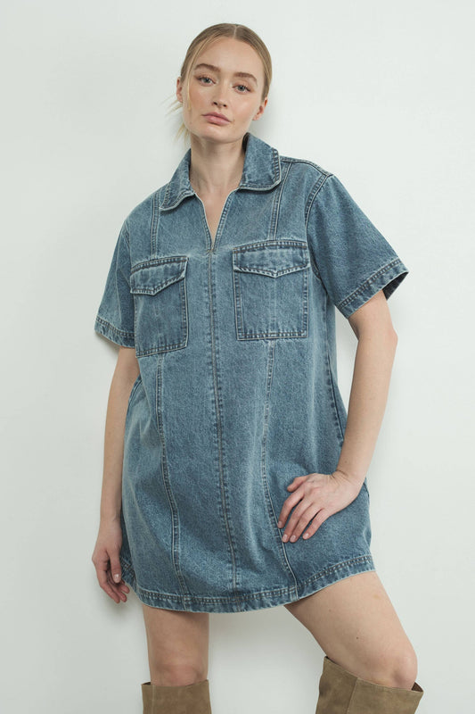 MAD3097 DENIM PULL ON COLLAR MINI DRESS