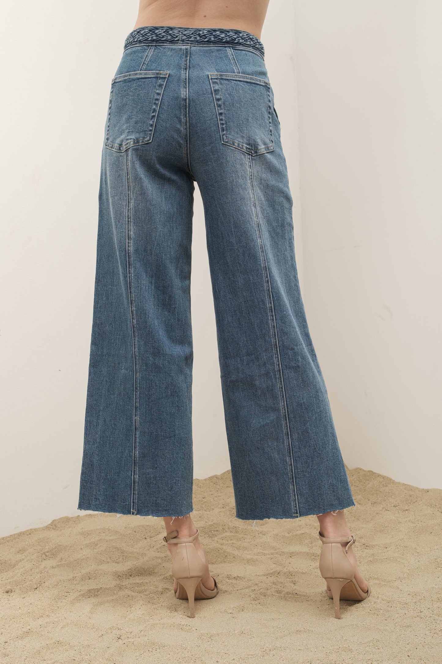 MAP2804 - BRAIDED WAIST WIDE LEGS CROP JEANS