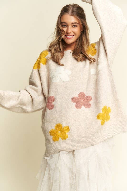 OVERSIZED LONG SLEEVE FLORAL GRAPHIC KNIT SWEATER