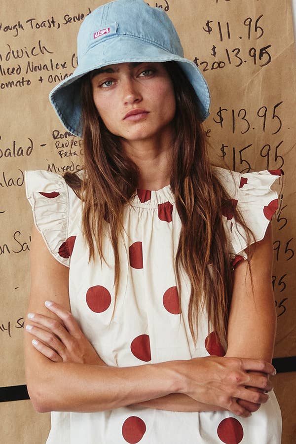 IT1524 Ruffle Neck And Shoulder Polka Dot Print Blouse Top