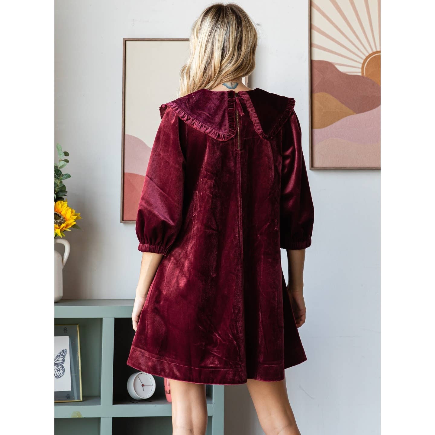 Velvet Puff Sleeve Peter Pan Collar Short Dress