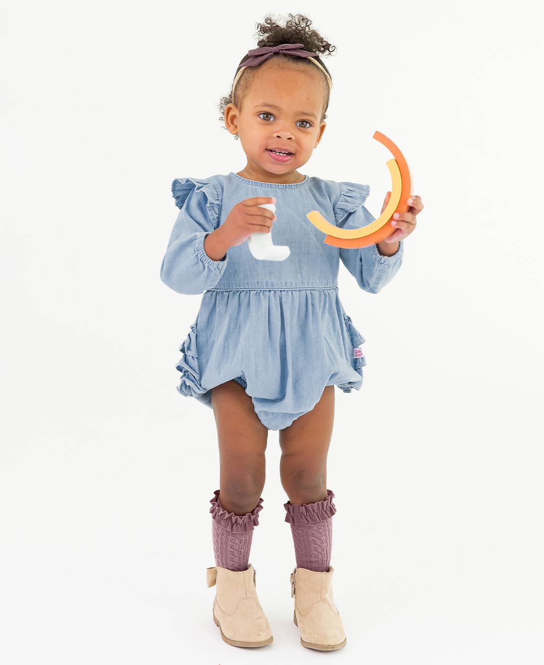 Baby Girls Light Wash Denim Long Sleeve Flutter Bubble Romper