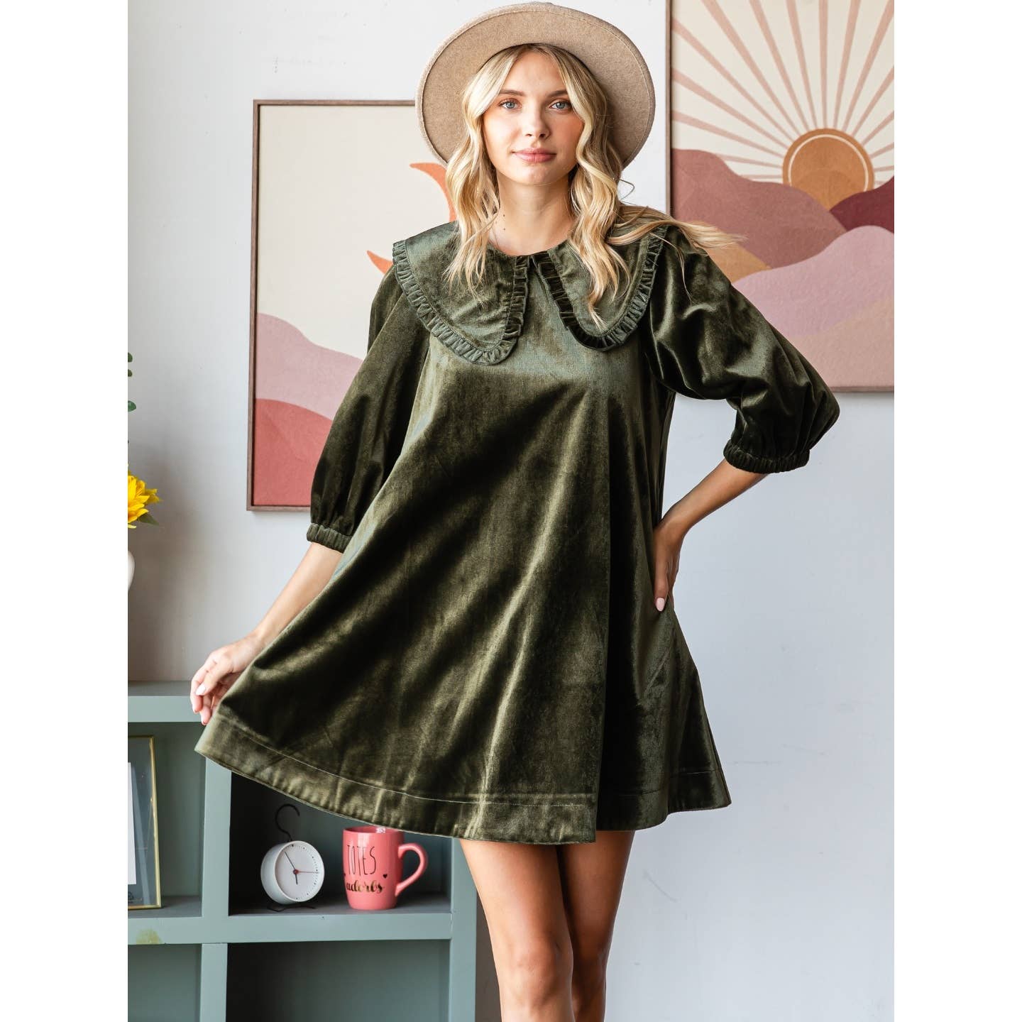 Velvet Puff Sleeve Peter Pan Collar Short Dress