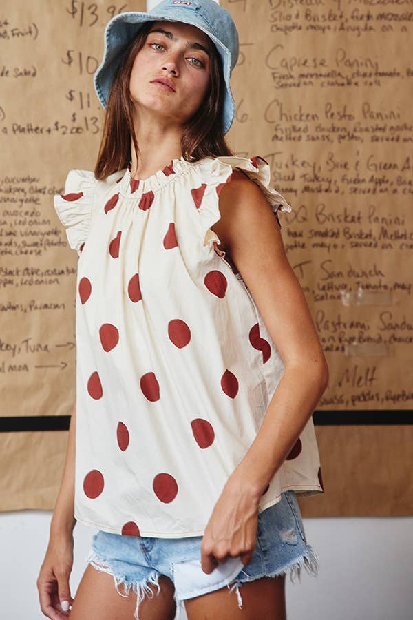 IT1524 Ruffle Neck And Shoulder Polka Dot Print Blouse Top