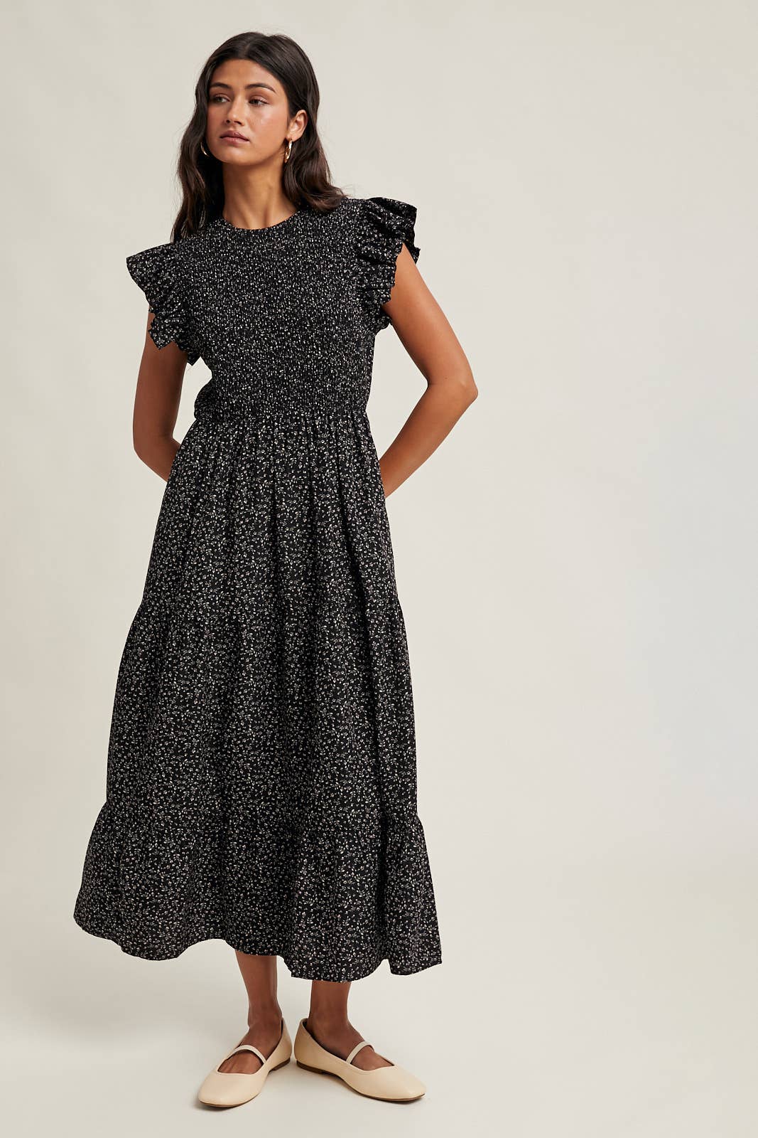 FLORAL RUFFLE SLEEVE MIDI DRESS / WL25-11014