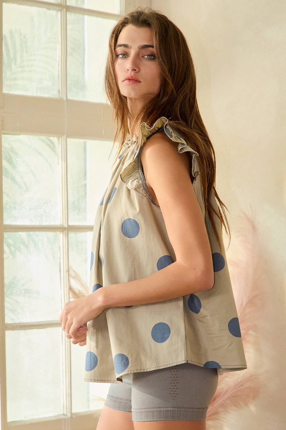 IT1524 Ruffle Neck And Shoulder Polka Dot Print Blouse Top