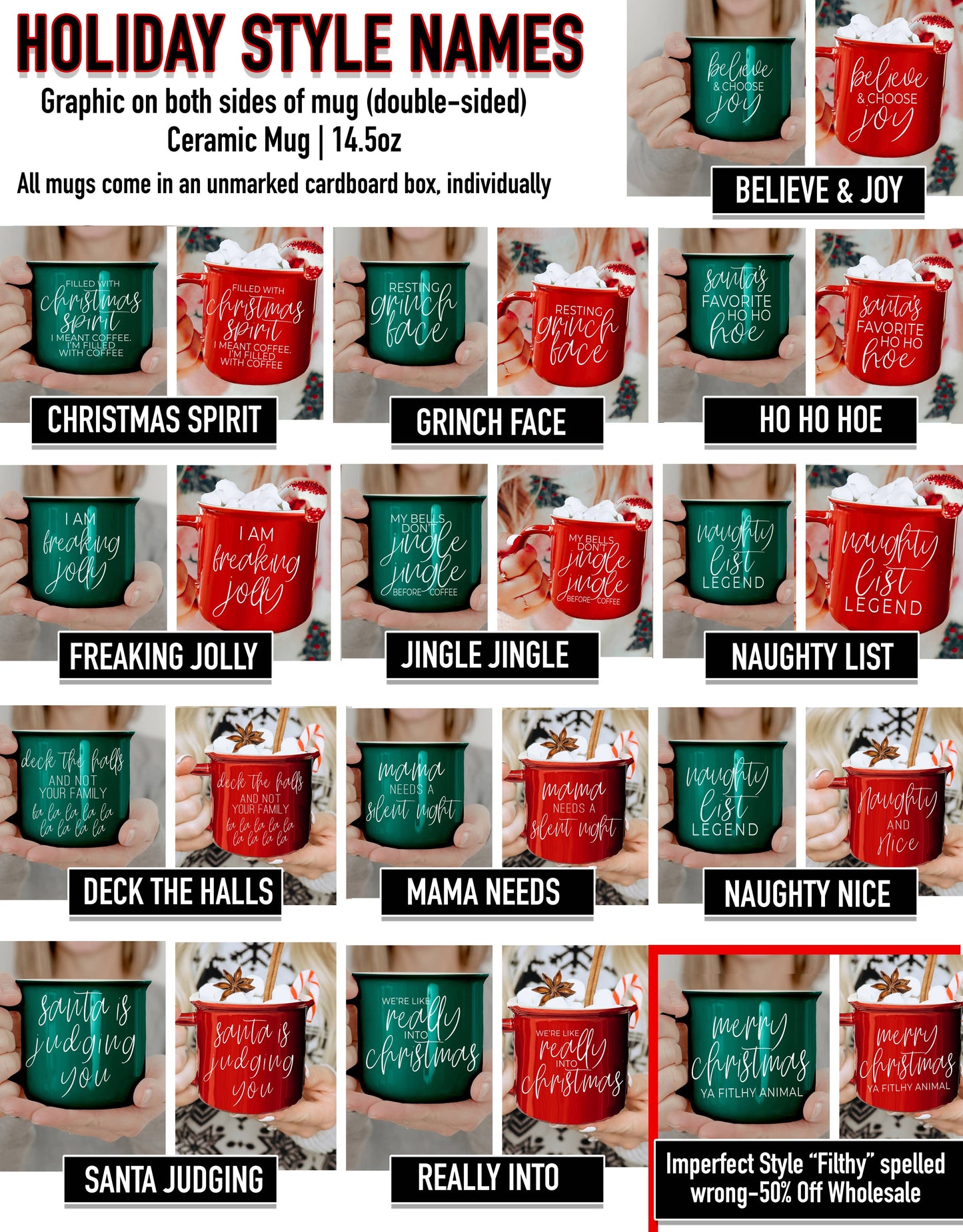 Christmas Coffee Mugs Ceramic, Red + Green Holiday Drinkware