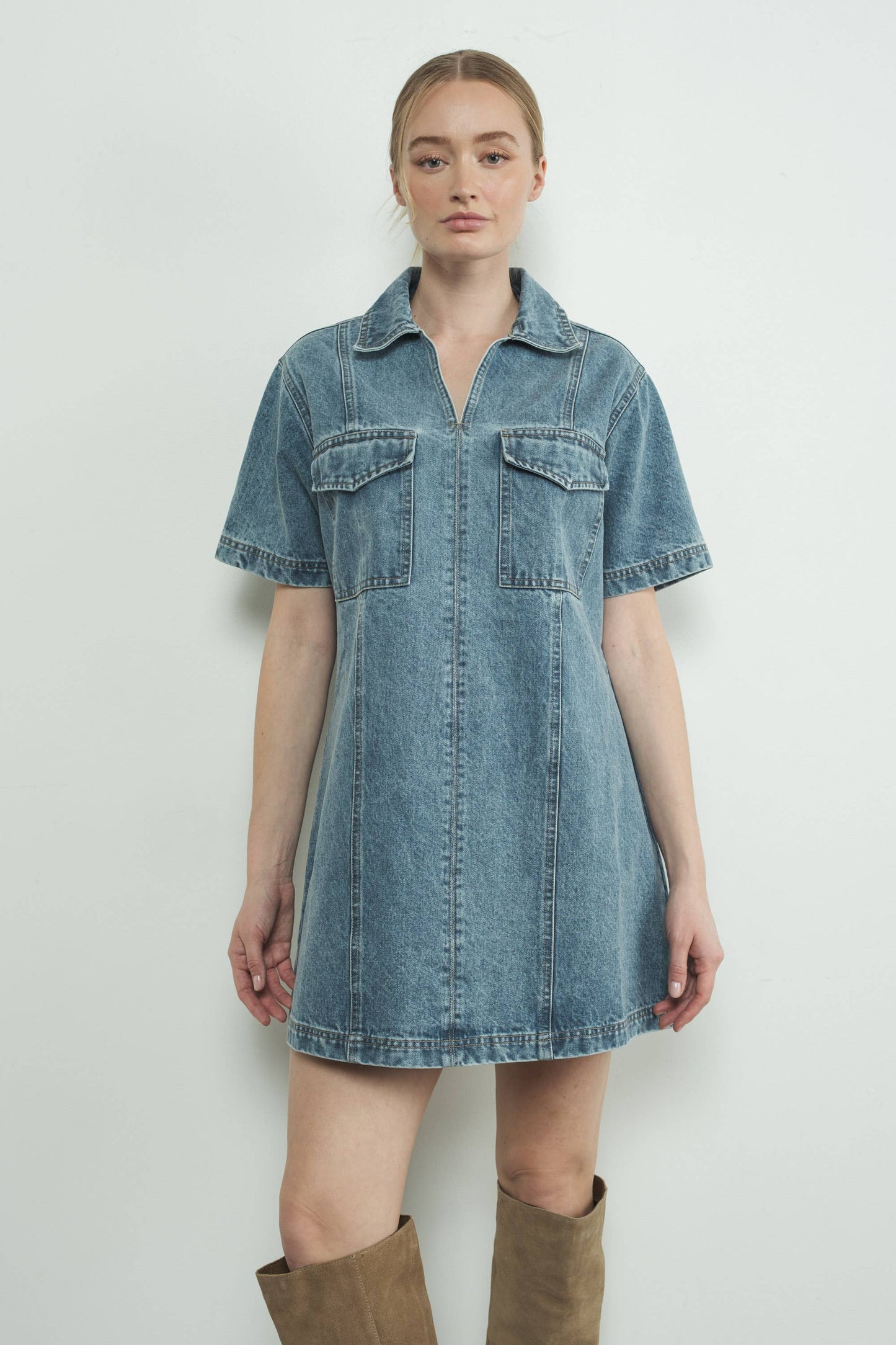 MAD3097 DENIM PULL ON COLLAR MINI DRESS