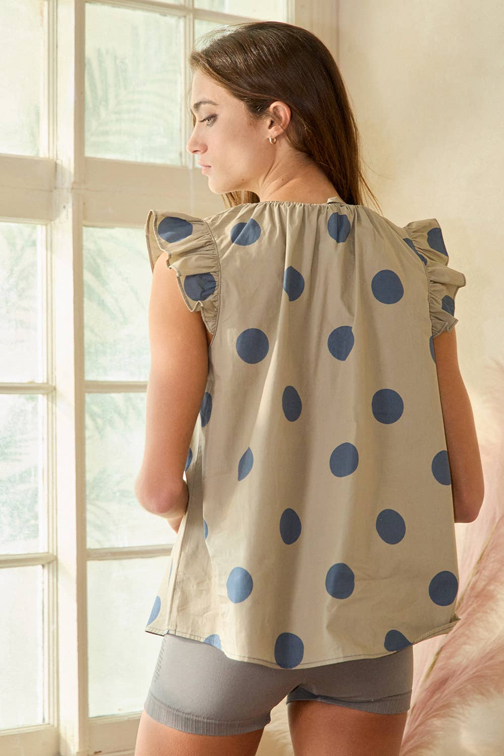 IT1524 Ruffle Neck And Shoulder Polka Dot Print Blouse Top