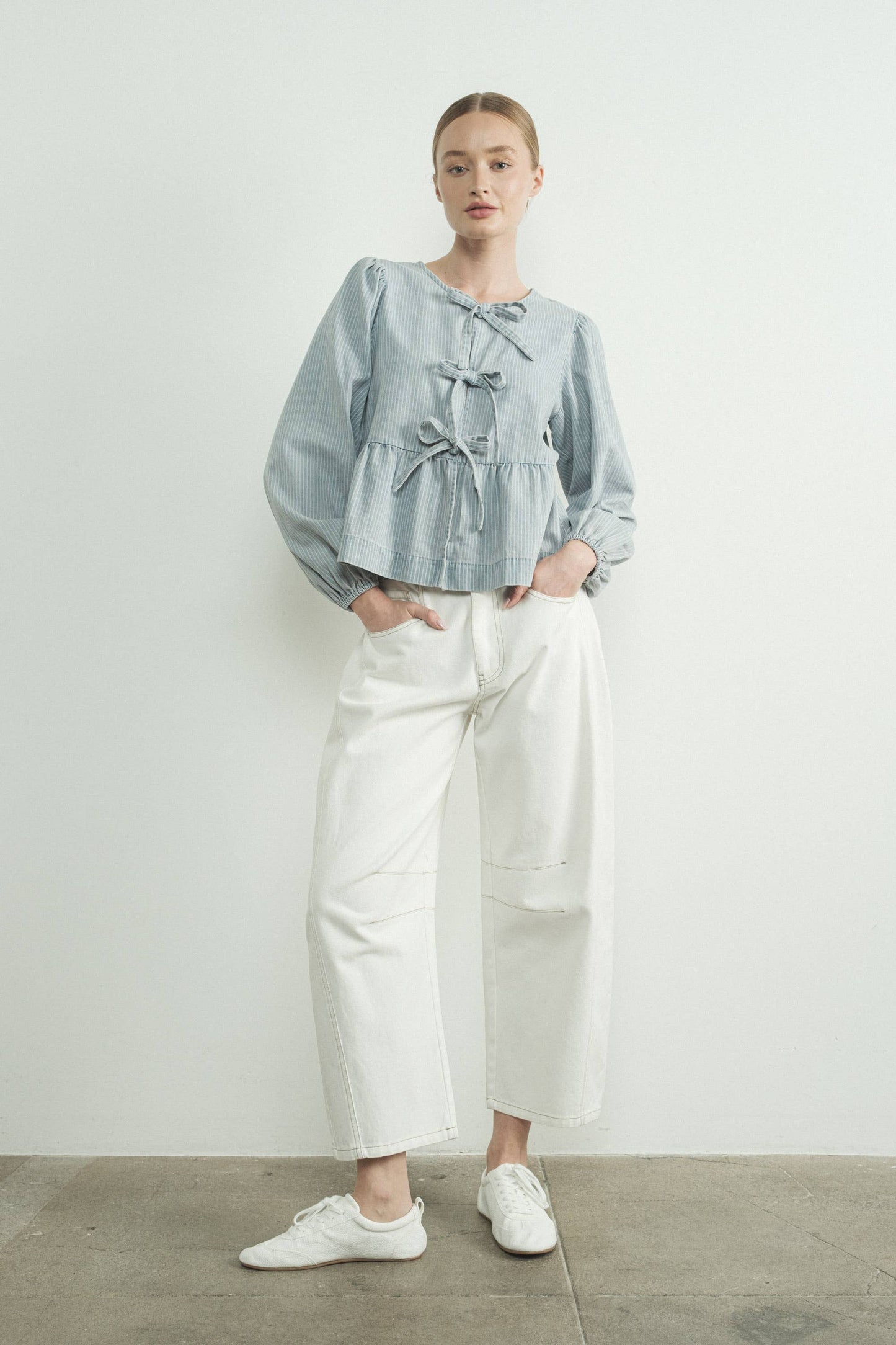 MAT2894-DENIM  LONG SLEEVE DENIM BOW TIE BLOUSE (Copy)