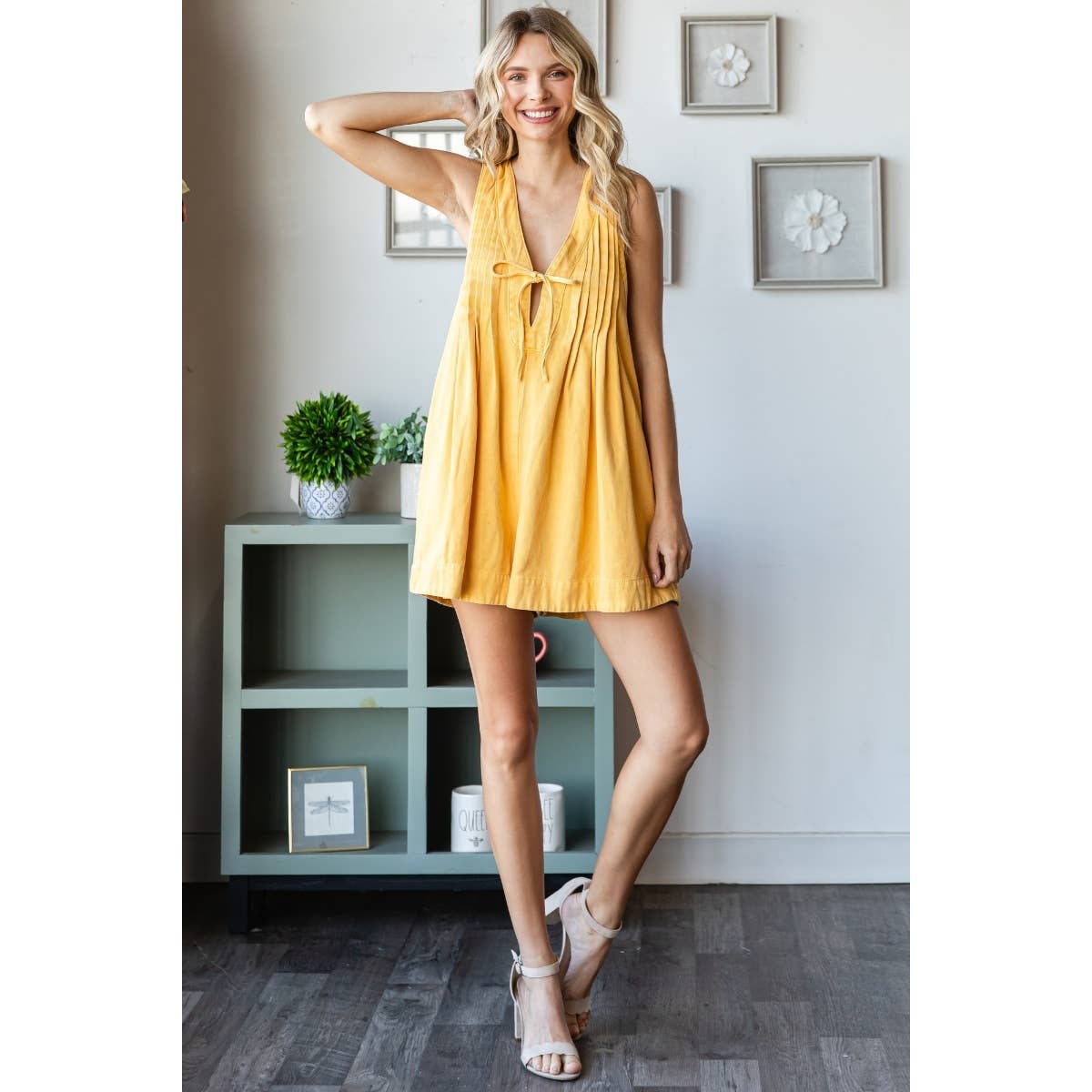 Front Pleated V Neck Sleeveless Denim Romper