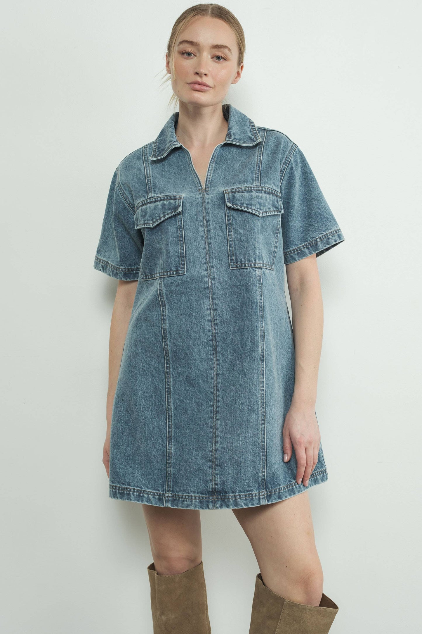 MAD3097 DENIM PULL ON COLLAR MINI DRESS