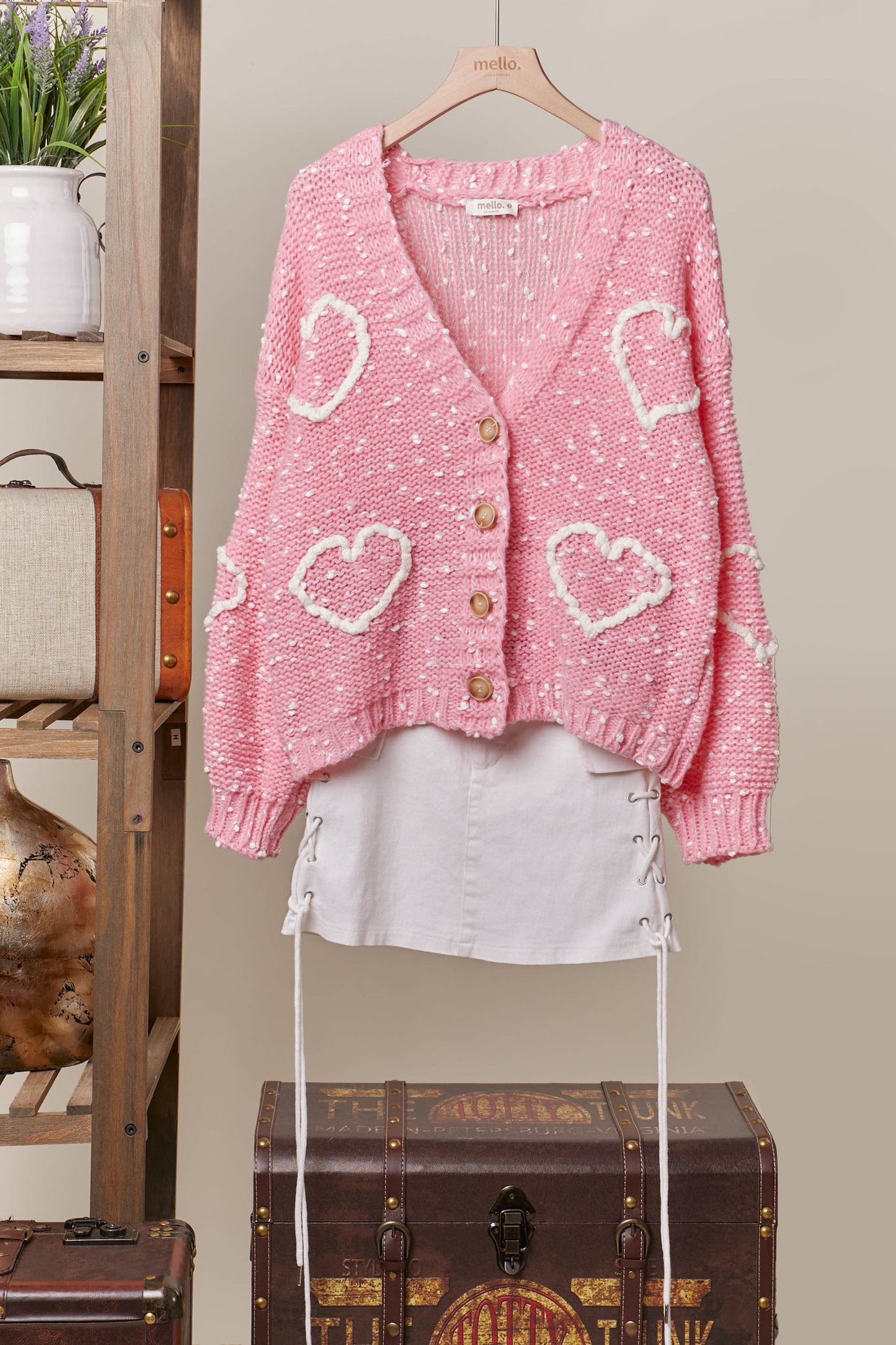 V Neck Cardigan with Heart Overstitch