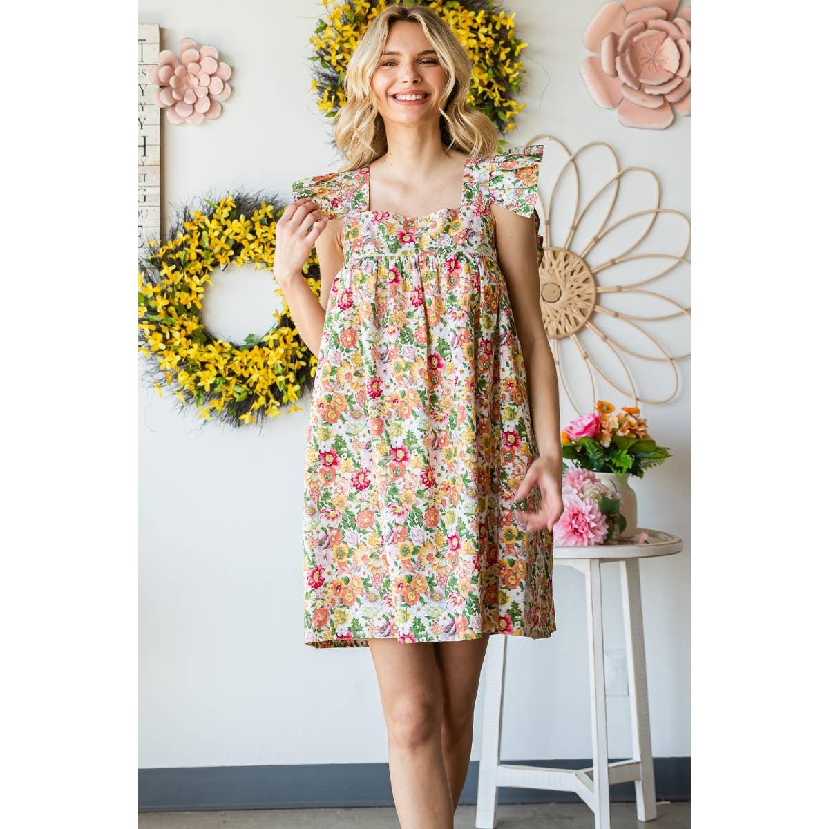 Garden Flower Print Ruffle Sleeve Mini Dress
