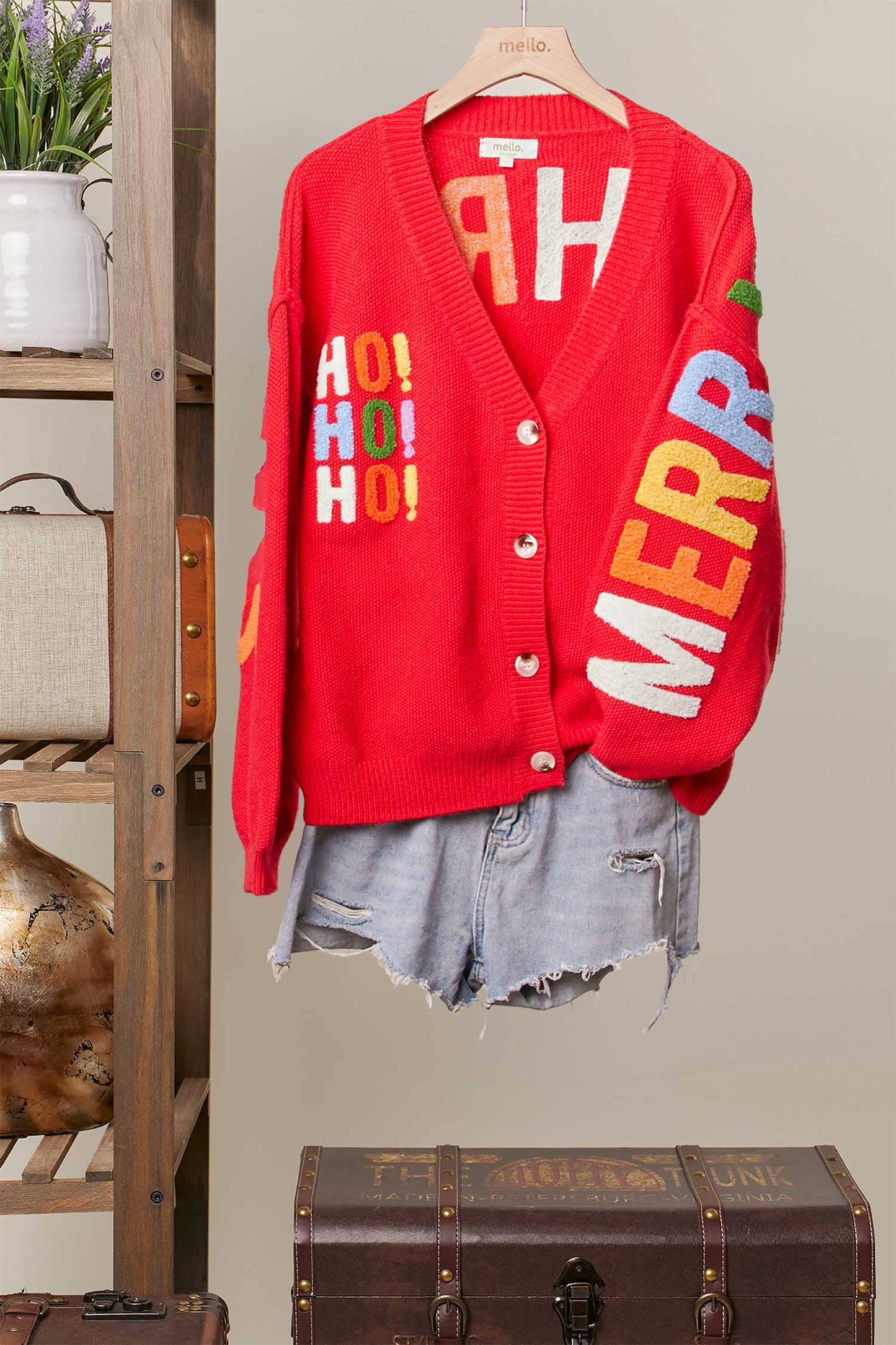 Christmas Lettering Patchwork V Neck Cardigan