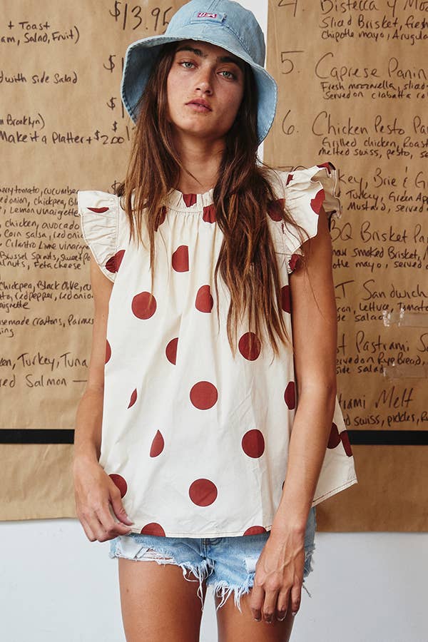 IT1524 Ruffle Neck And Shoulder Polka Dot Print Blouse Top