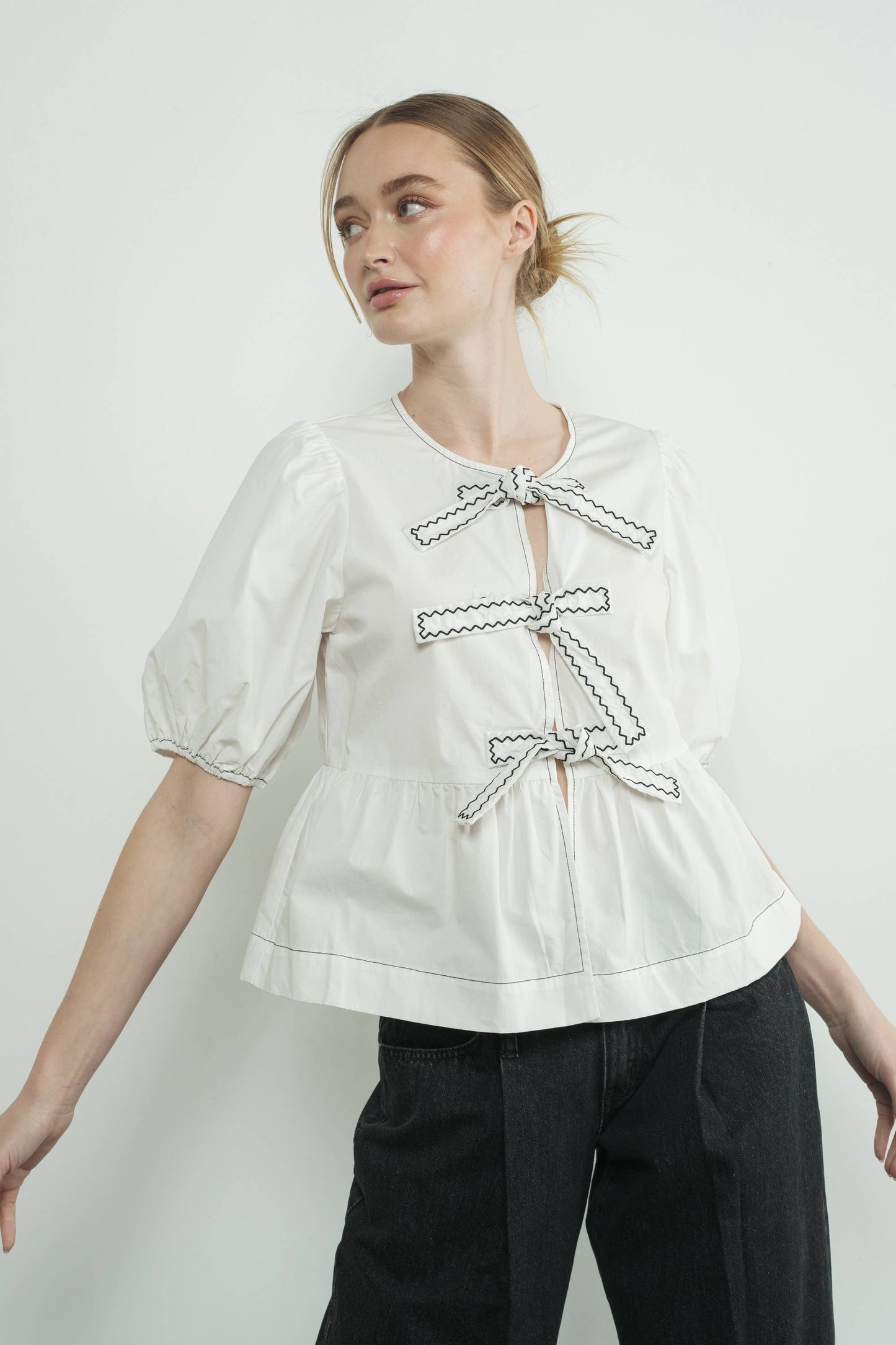 MAT3114 EMBROIDERED BOW TIE PEPLUM BLOUSE
