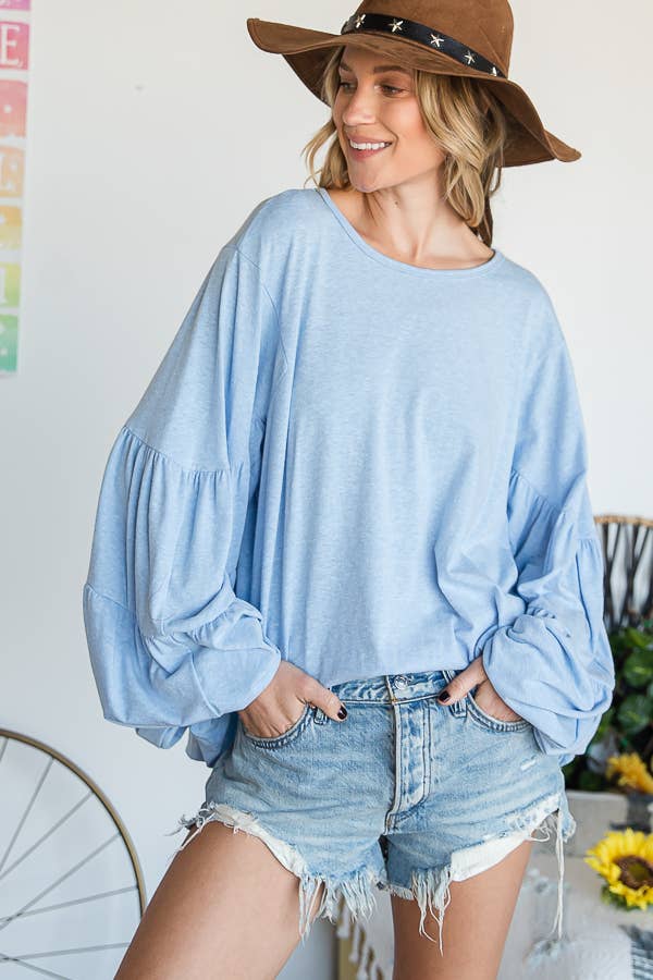 T1174F Tiered Puff Sleeve Solid Tunic Top
