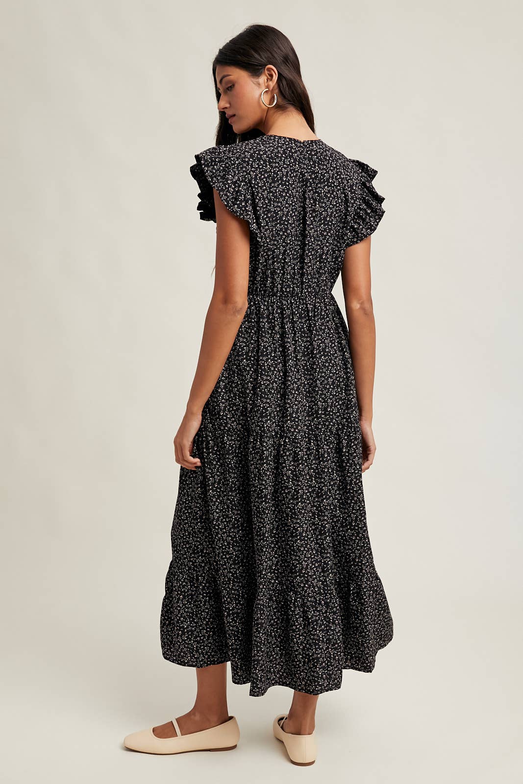 FLORAL RUFFLE SLEEVE MIDI DRESS / WL25-11014