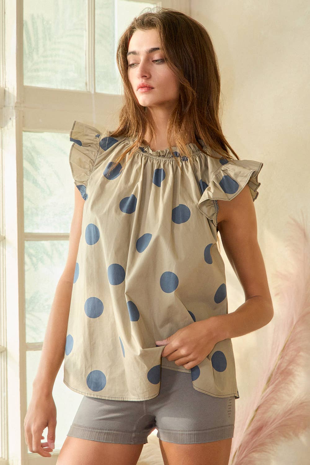 IT1524 Ruffle Neck And Shoulder Polka Dot Print Blouse Top