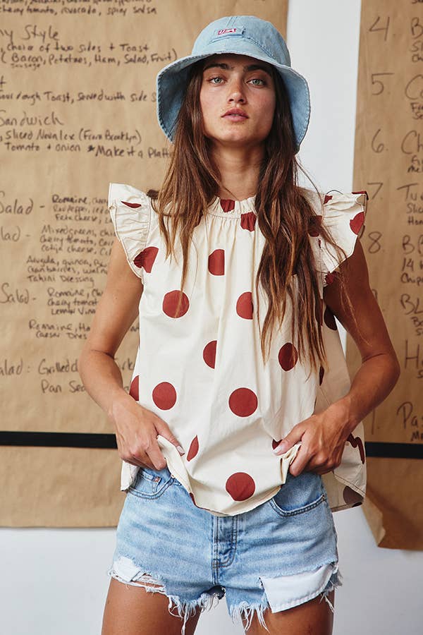 IT1524 Ruffle Neck And Shoulder Polka Dot Print Blouse Top