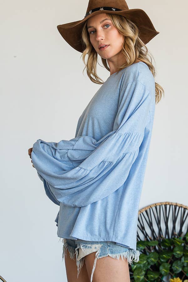 T1174F Tiered Puff Sleeve Solid Tunic Top