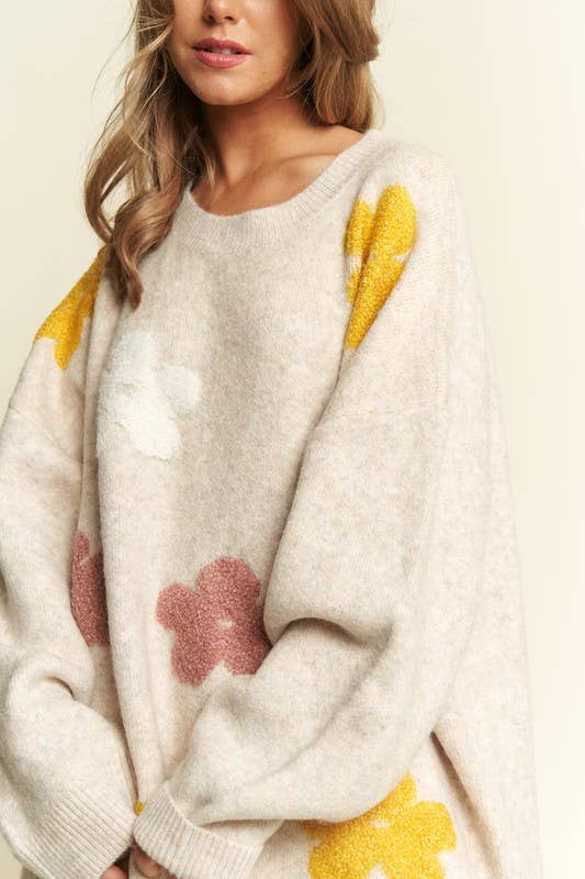 OVERSIZED LONG SLEEVE FLORAL GRAPHIC KNIT SWEATER