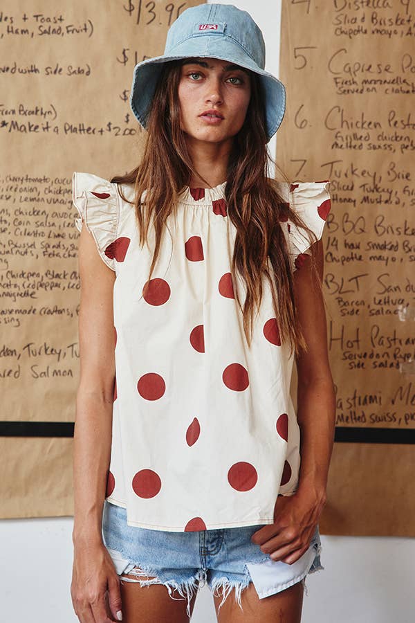IT1524 Ruffle Neck And Shoulder Polka Dot Print Blouse Top