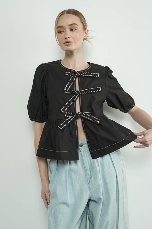 MAT3114 EMBROIDERED BOW TIE PEPLUM BLOUSE