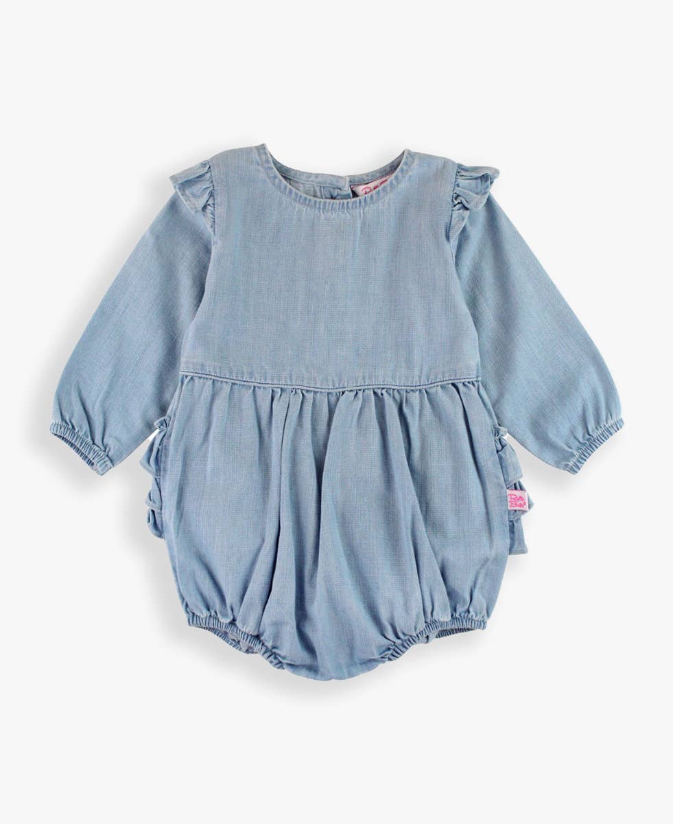 Baby Girls Light Wash Denim Long Sleeve Flutter Bubble Romper