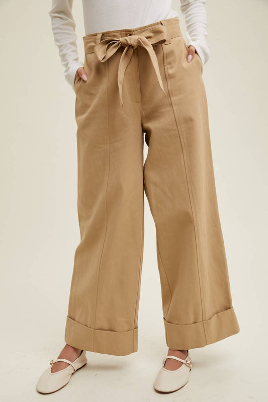 CUFFED WIDE LEG BELTED PANTS / WL24-9549