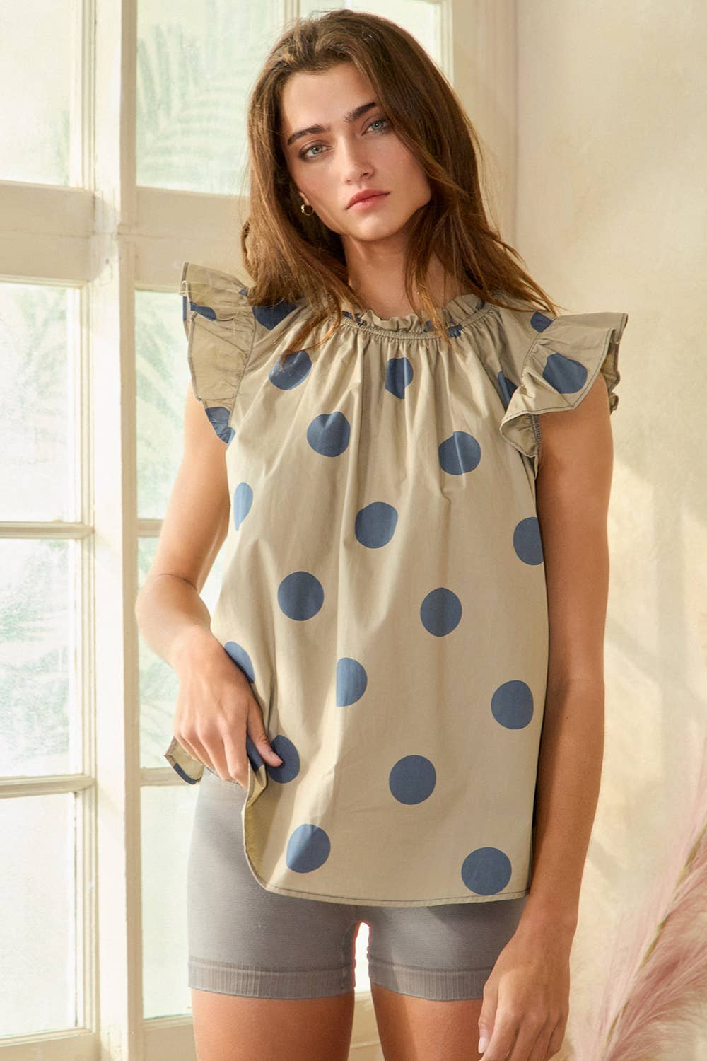 IT1524 Ruffle Neck And Shoulder Polka Dot Print Blouse Top