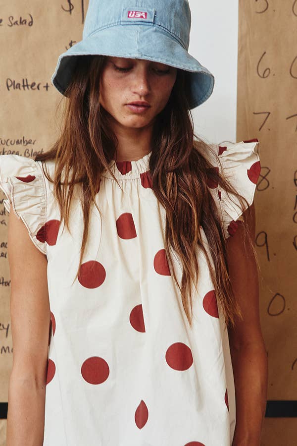 IT1524 Ruffle Neck And Shoulder Polka Dot Print Blouse Top