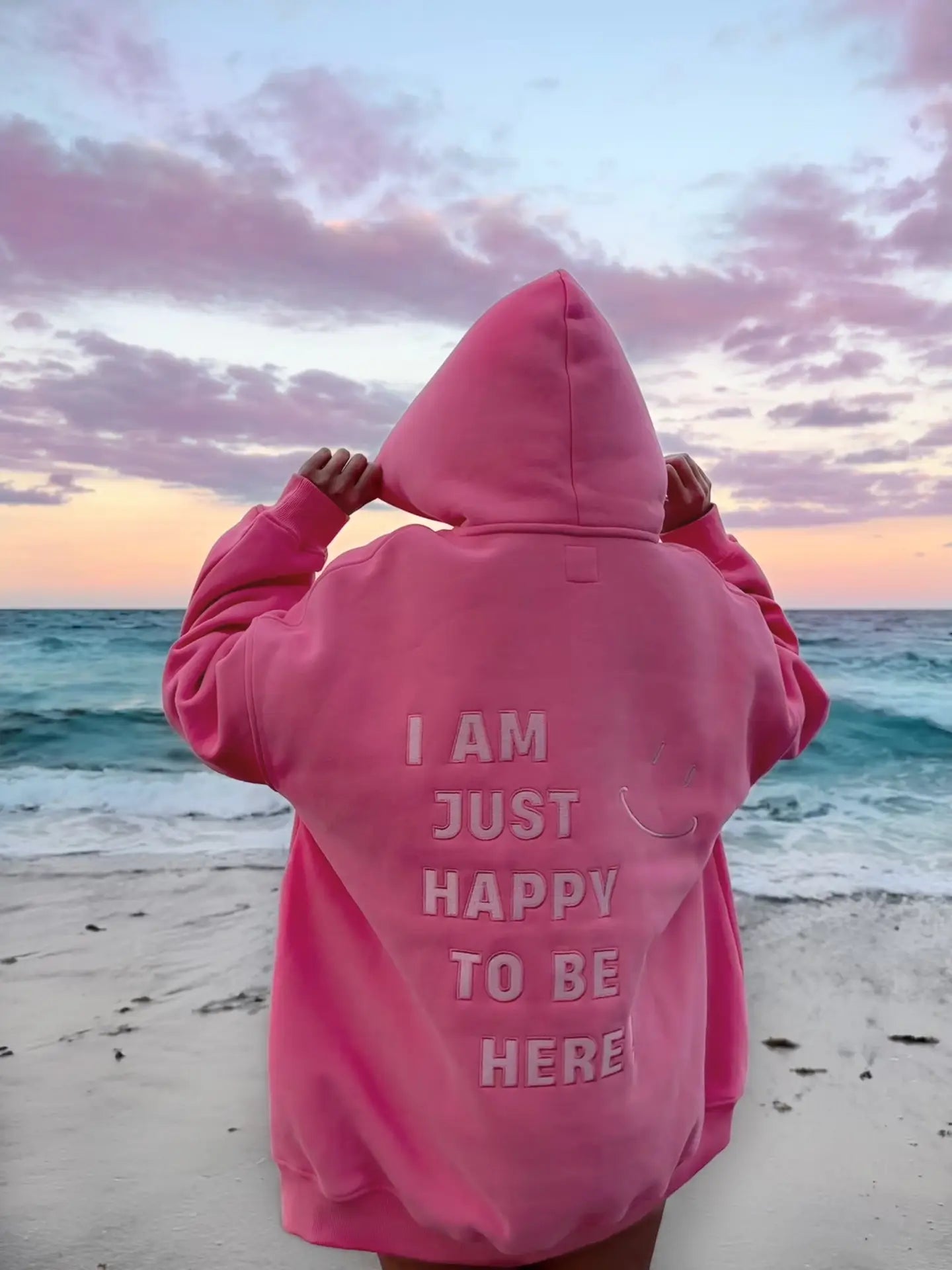 I AM JUST HAPPY TO BE HERRE EMBROIDER HOODIE HIBISCUS PINK