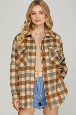 Long Sleeve Button Down Plaid Shacket