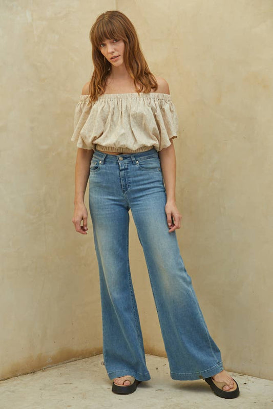 L6210 | Woven Cotton Embroidery Off The Shoulder Crop Top