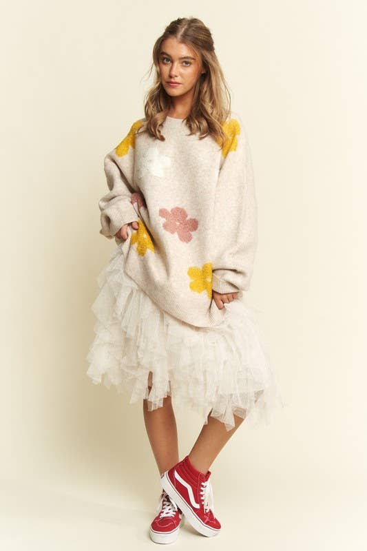 PLUS SIZE OVERSIZED LONG SLEEVE FLORAL GRAPHIC KNIT SWEATER