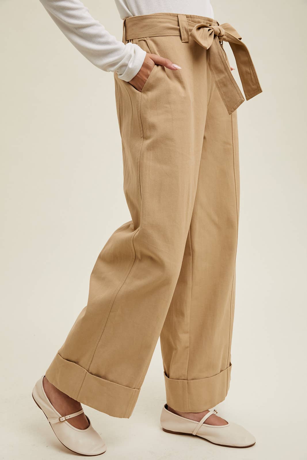 CUFFED WIDE LEG BELTED PANTS / WL24-9549