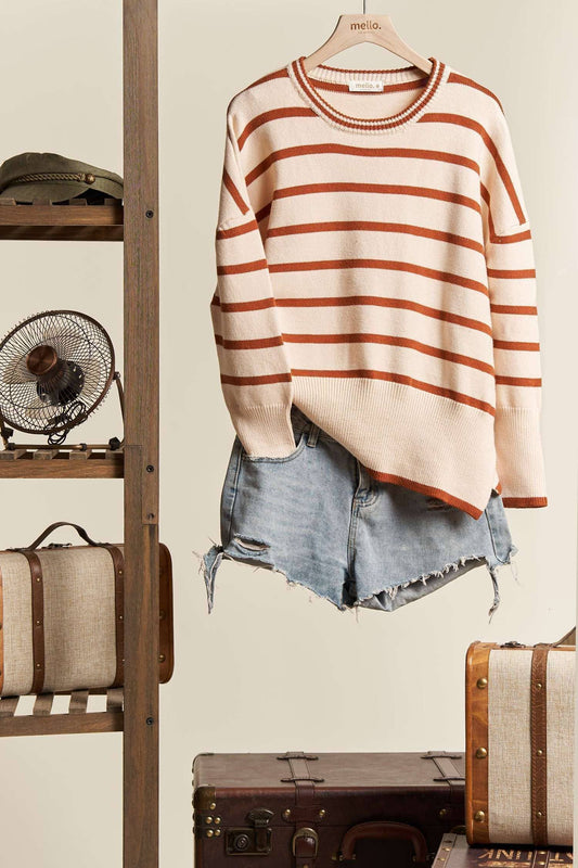 Round Nect Striped Knit Sweater Top