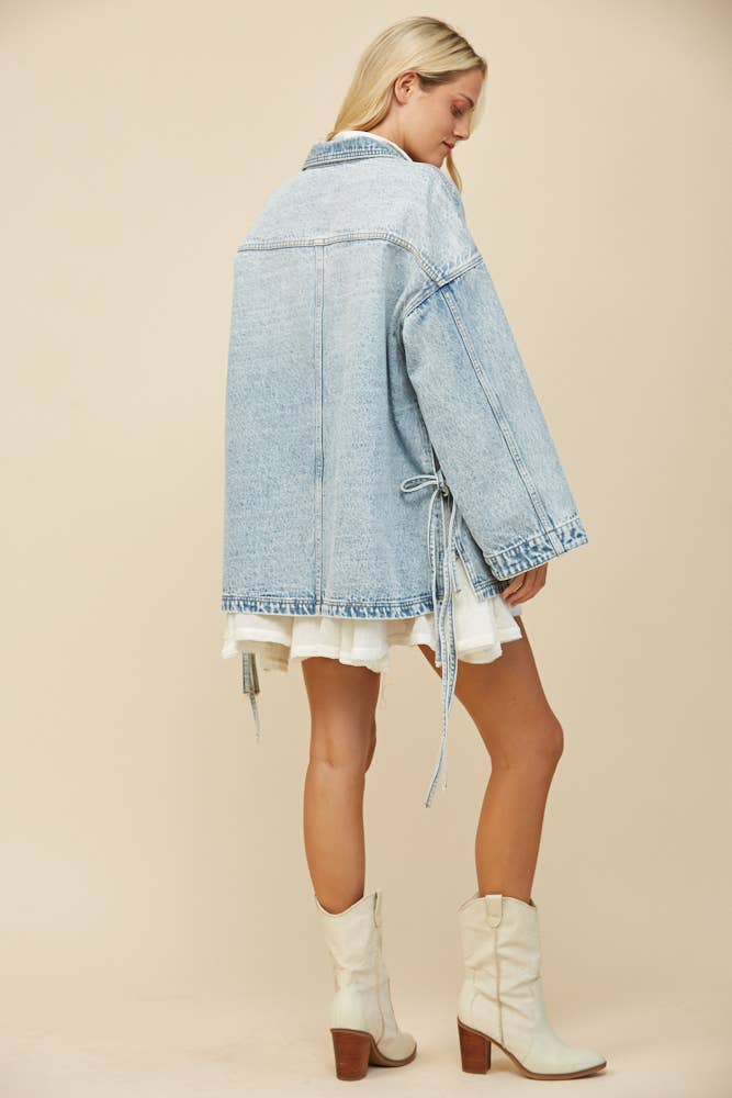 BOHO SIDE TIE DETAIL OVERSIZED DENIM JACKET 6439JIA