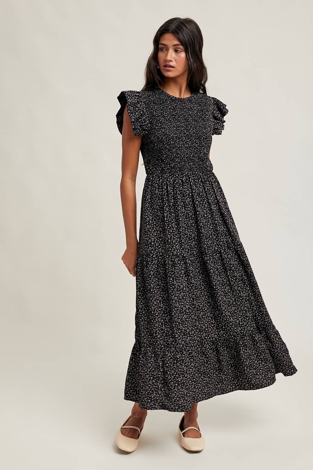 FLORAL RUFFLE SLEEVE MIDI DRESS / WL25-11014