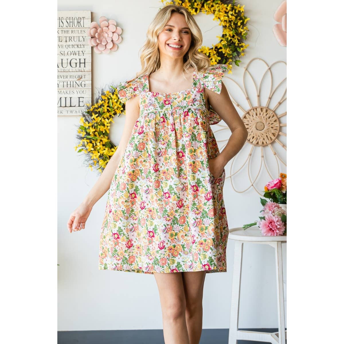 Garden Flower Print Ruffle Sleeve Mini Dress