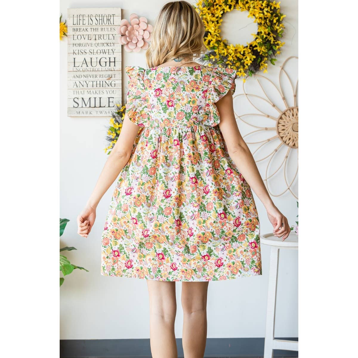 Garden Flower Print Ruffle Sleeve Mini Dress